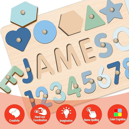 Name Puzzle for Kids Personalized, 1st Birthday Girl and Boy,Custom Baby Easter Gifts with Engraved Text on Back, Montessori Learning Toys for Boy & Girl (Pink Gradient)