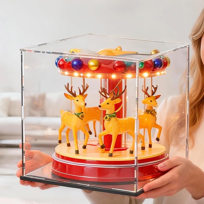 10 Inch Clear Acrylic Display Case, Cube Acrylic Box for Collectibles Showcase, Plexiglass Case with Matt Black Stand for Toys, Arts and Figures