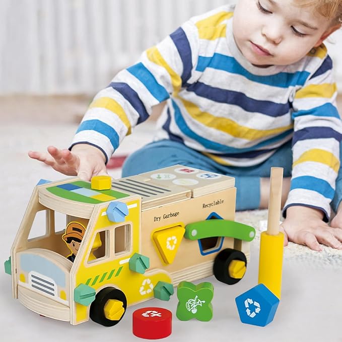 Wooden Recycling Truck Toy Take-Apart Garbage Sorting Truck