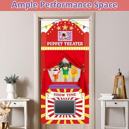 Doorway Puppet Theater with 2 Adjustable Rods 31x67 In Red Yellow Foldable Hanging Puppet Show Theater for Kids Pretend Play Hand Puppets Educational Kids Activities Toys Easy to Set Up Put Away
