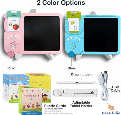 Spanish&English Talking Flash Cards for Toddlers - LCD Writing Tablet Kids - Drawing Tablet Toddler Toys 510 Sight Words Learning Montessori - Autism & Speech Therapy Toys - Kindergarten Gifts (Pink)