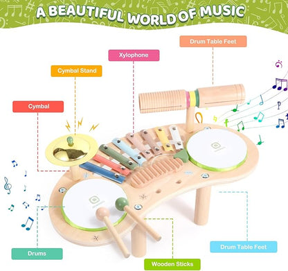 Asweets 7 in 1 Kids Drum Set for Toddlers Wooden Xylophone Musical Instruments Kit Play Set for Toddler Baby Drum Set Montessori Toys Sensory Toys Birthday Gifts for Girls Boys (Moon)