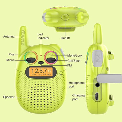 Qniglo Walkie Talkies for Kids Rechargeable 2 Pack,Christmas Birthday Gifts Toys for Age 3-12 Boys Girls, Long Range Kids Walky Talky with FM Radios for Family Adventure Camping Hiking Spy Games
