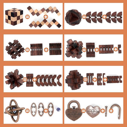 8 Pcs Brain Teaser Puzzles for Adults Teens - Metal Puzzles 3D Puzzle Game Toys for Adults Teens - Wooden Unlock Interlocking Puzzle Adult IQ Education Smart Toys