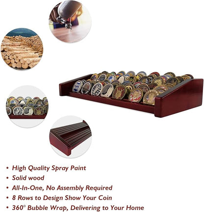 8 Rows Military Challenge Coin Display Stand - Holds 60-70 Coins, Solid Wood Army Police Coin Rack Display Holder for Desktop, Mahogany