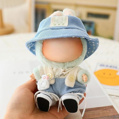 Clothes for Dolls Accessories (No Doll), Cute Outfit Set 5 Pieces Bib Pants for 15 & 17cm Doll Suit, Stylish Dress Up Overalls Doll Clothing Set Replacement with Hat Clothes Shoes Blue