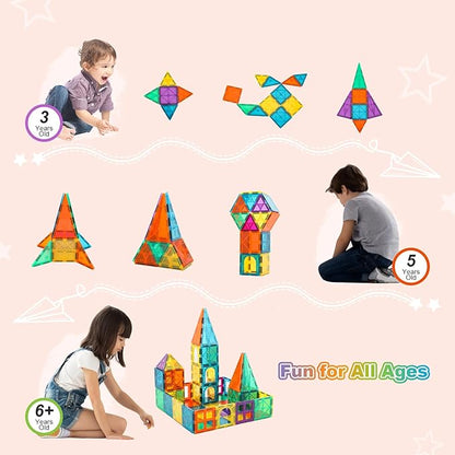 Magnetic Tiles, 96PCS Magnetic Block Toddler Toys with 2 Cars, 3D Clear Magnet Building Tiles Set, STEM Educational Toys for Kids 3-9 Years