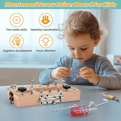 Wooderma Montessori Toys for 3 4 5 Year Old with Lock and Key, Wooden Sensory Toddler Screwd Tool Set, Montessori Screwdriver Board Set, Fine Motor Skills Toys for Educational Preschool Gift for Boys