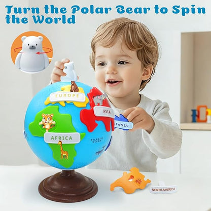 Spinning Globe for Children–Interactive Geography Learning Toy for Kid 3+, 8" Educational Puzzle Globe with 6 Continent & 12 Animial | STEM Geography Game for Kids 4-8, Preschool Birthday Gift
