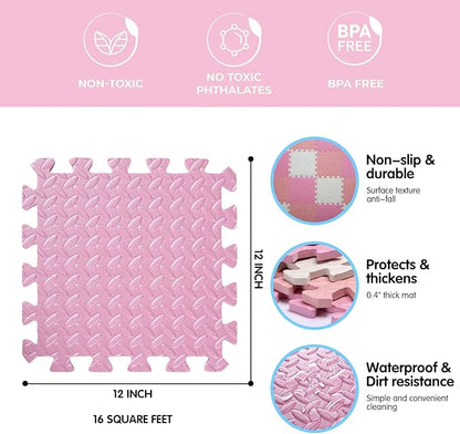 16 Tiles Foam Play Mat for Baby, Soft & Safe EVA Foam Mats for Floor, Square Baby Play Mat, Solid Colored Kids Foam Puzzle Floor Mat, 47x47 Play Mat for Playpen(White/Pink/Loli Pink)
