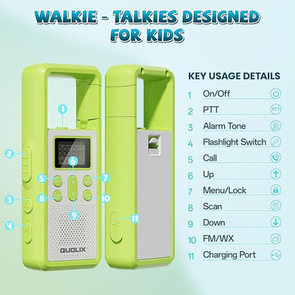 QUOLIX Walkie Talkies for Kids Rechargeable, Kids Walkie Talkies with NOAA & VOX, 1020mAh Battery Toys for 3-12 Year Old Boys Girls, Durable Outdoor Gift for Camping, Hiking, Backyard Games (2 Pack)
