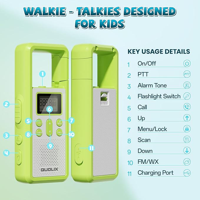 QUOLIX Walkie Talkies for Kids 3 Pack Rechargeable with SOS/NOAA/VOX Hands-Free, Durable Kids Walkie Talkies for 3-12 Year Old Boys Girls, Outdoor Backyard Camping Trio Family Fun Birthday Gifts