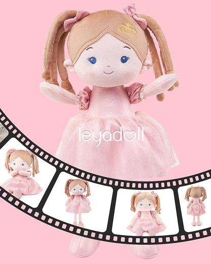 LeyaDoll Personalized Soft Baby Doll Toys for Girls (16''), My First Christmas Dolls, Leya Doll Baby Rag Doll Plush Toys for Toddler Kids Infants -Princess-Coral