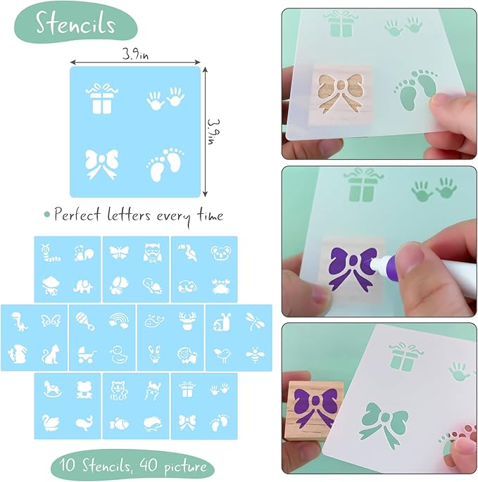 146 Pcs Baby Shower Game Sign Set Includes Decorative Square 54 DIY Blank Wooden Blocks 24 Paint Markers 27 Page Baby‘s First ABC Book