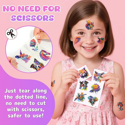 Aresvns Watercolor Cute Animals Temporary Tattoos for Kids, 117 Patterns Kwaii Lion Dog Wolf Owl Butterfly Tattoo for Girls Boy Tiny Tattoo for Birthday Party Decoration Supplies Summer Accessories