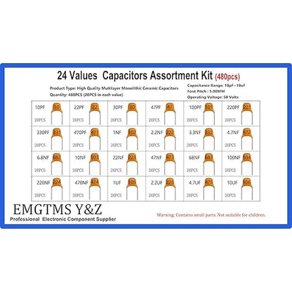 24 Values 480pcs Multilayer Monolithic Ceramic Capacitor Assortment Kit, 10pF-10uF Capacitor Set with Storage Box for Electronics Projects
