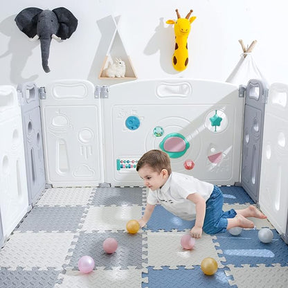 Foam Floor Mats for Kids, 12 x 12 Inch 16 Tiles 0.4" Thickness Foam Play Mat, Non-Toxic Square Interlocking Floor Mats Rubber Baby Play Mat for Toddlers(White/Gray/Gray Blue)