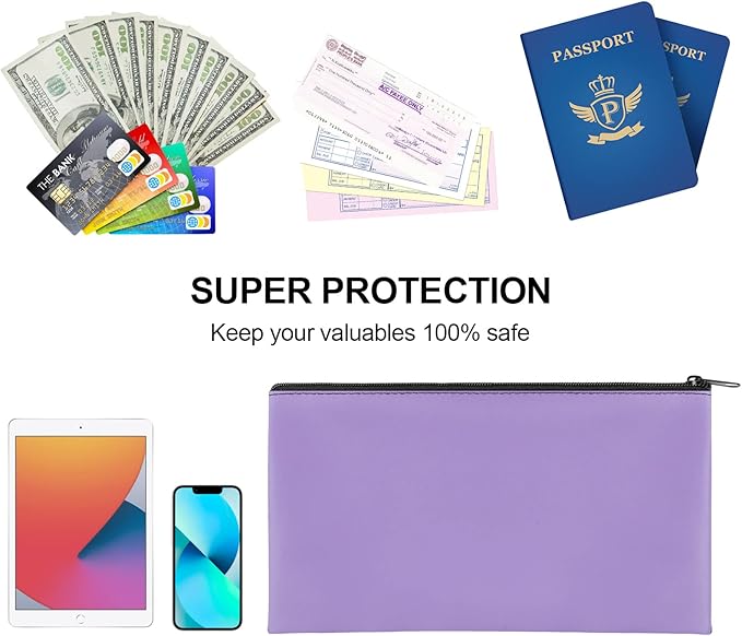 4Pack Money Bag 11 X 6", Safe Durable Waterproof Bags With Zipper for Cash, Coin Pouch PU Leather Bank Bag for Checks, Makeup, Bills, Receipts (Purple)