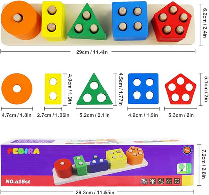PEBIRA Montessori Toys for 1 to 3-Year-Old Boys Girls Toddlers, Wooden Sorting & Stacking Toys for Toddlers and Kids Preschool, Educational Color Recognition Shape Sorter, Learning Puzzles Gift