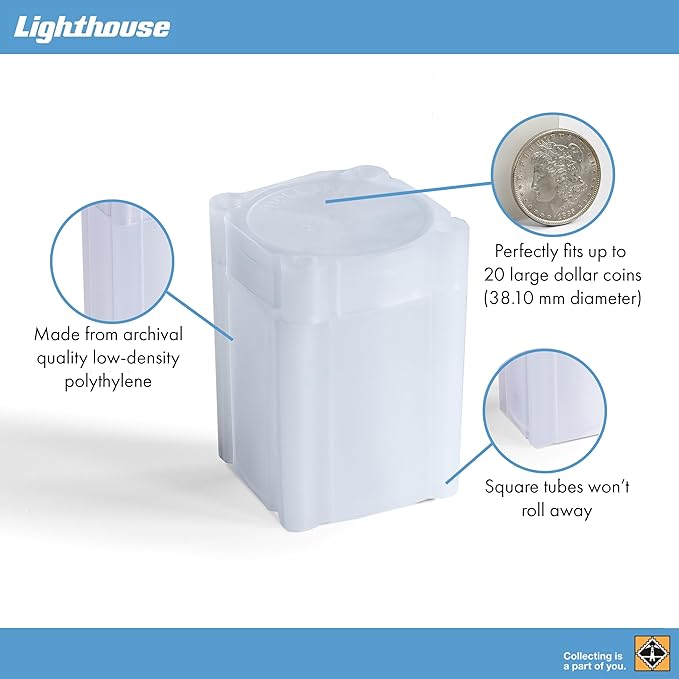 LIGHTHOUSE - Square Coin Tubes - Convenient Push Top, Virtually Unbreakable, Acid Free and Archival Quality - Coin Tubes for US Large Dollars, 10 Pack