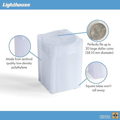 LIGHTHOUSE - Square Coin Tubes - Convenient Push Top, Virtually Unbreakable, Acid Free and Archival Quality - Coin Tubes for US Large Dollars, 50 Pack