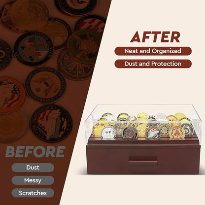Challenge Coin Display Case, Military Coin Collection Holder with Wooden Coin Box, Drawers, and Clear Acrylic Lid – Gifts for Coins Collectors (6 Rows)