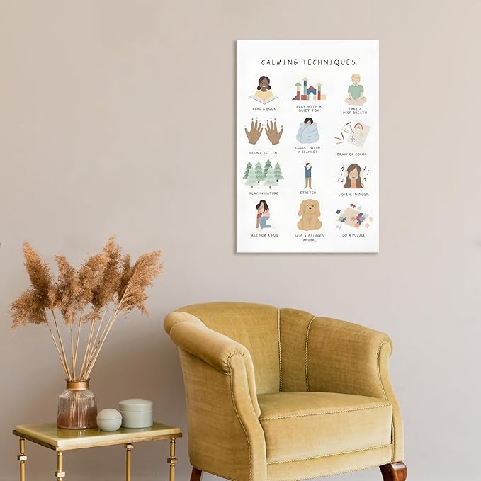 Feelings Calming Techniques Canvas Wall Art Calming Corner Classroom Mental health Posters Boho Emotions Chart for Kids Prints Special Education Wall Decor for Office School 24x36in Framed