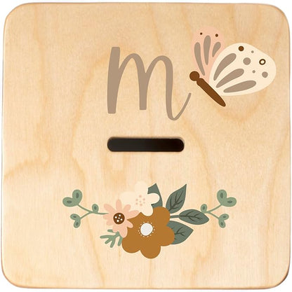 Wooden Piggy Bank for Kids and Adults, Personalized Gift Handmade in USA by BloomOwl, Custom Piggy Bank, Personalized Banks for Kids, Gifts for Baby Boys and Girls (Butterfly)