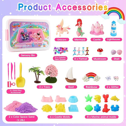 Lokuc Unicorn Sensory Bin for Girl, Unicorn and Mermaid Sensory Sand Kit Toy, 60Pcs Sandbox with 2.2 lbs Magic Sand Sensory Bins, Christmas Birthday Gift for Toddler Kid Age 3 4 5 6 7 8
