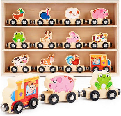 Montessori Wooden Train Toy for 1 2 3 Years Old Toddlers | 12 Magnetic Animals Train Kids Box, STEM Educational Toy with Game Map | 1st 2nd Birthday for Boys Girls