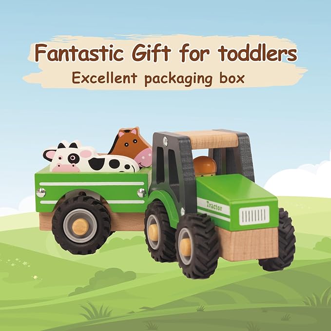 Wooden Tractor Toys for Toddlers 1-3, Baby Vehicle Toys Hand Push Car Toys for 1 2 3 Year Old Boys Girls (Green)