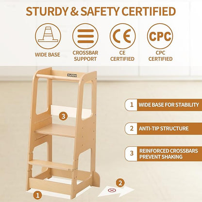 Toddler Kitchen Helper Tower for Ages 1–6 – 3-Level Adjustable Learning Tower with Safety Design, Toddler Standing Tower & Kitchen Helper Stool, CPC Certified, Natural