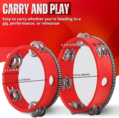 Flexzion Wood Handheld Tambourine for Kids - 8 & 6 Inch Set of 2 Pack, Double Row 12 Pair Metal Jingles, Percussion Drum Moon Musical Instrument (Red)