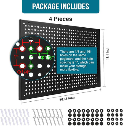4 Pack Heavy Duty Steel Pegboard Garage Organization Panels,Universal 1/8 and 1/4 Pegboard Accessories,Suitable for Tool Storage,Garage Storage etc. (Black, 16X10.5)