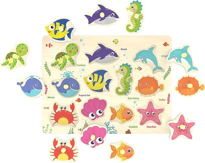 Wooden Peg Puzzle, Sea Creature Chunky Baby Puzzles, Colorful Wood Shape Puzzle Peg Board, Animal Knob Puzzles for Educational Toddlers 18 Months and Up, 11 Pieces