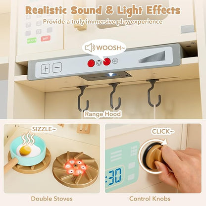 Costzon Corner Kitchen Playset, Kitchen Toy Set w/Real Lights & Sounds, Large Fridge, Ice Maker, Oven, Microwave, Washer, Trash Can & 22 Accessories, Wooden Pretend Play Kitchen for Kids 3+ (Beige)