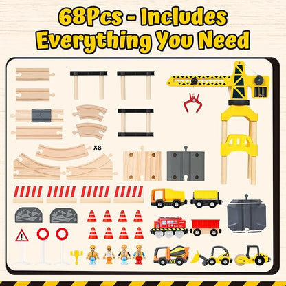 Lehoo Castle Wooden Train Set, Construction Toys Train Set for Toddlers 2-4, Wooden Train Track for Kids w/Crane, Railway Playset Toys for 3 Year Old Boys Girls