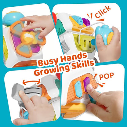 10-in-1 Montessori Busy Board for 1 Year Old - Toddler Toys 1-2 Years with Car Steering Wheel & Keys, Car Travel Toys for Toddlers 1-3, Sensory Activity Cube, Birthday Gifts Baby Boys Girls