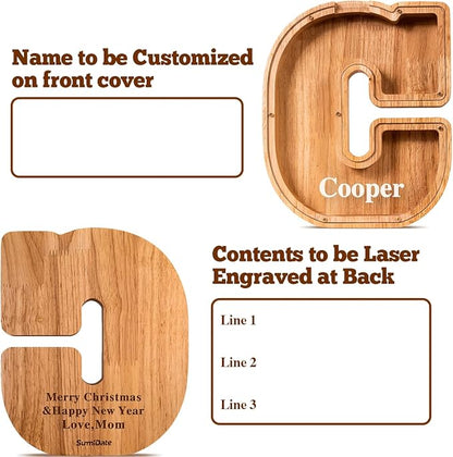 Summidate Customized Name Large Wooden Piggy Bank for Kids Boys Girls Alphabets Letter A-Z Coins Bills Money Change Bank Box Initial on Clear Cover (Laser Engraved) Educational Toys 9"- Letter C