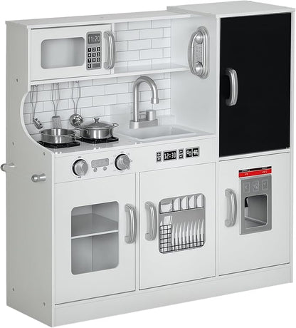 Qaba Kids Kitchen Playset - Pretend Play Toy Kitchen with Phone, Chalkboard, Towel Rack, Ice Maker, 5 Accessories, Storage Space, Microwave & Sink - Gift for 3-8 Years, White