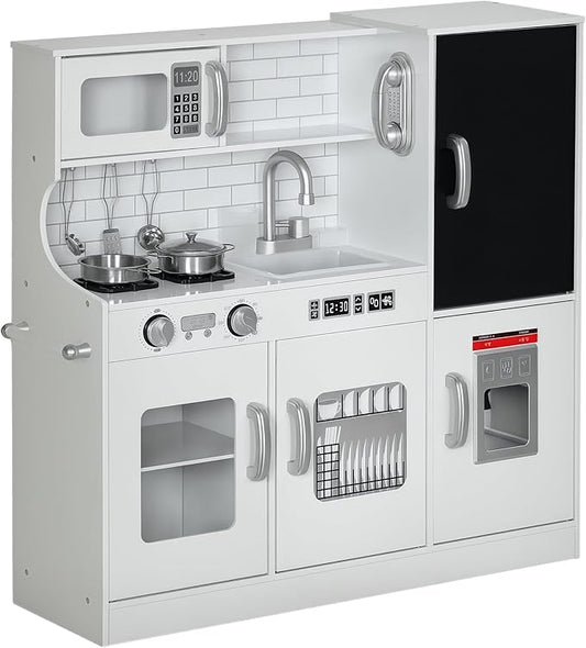 Qaba Kids Kitchen Playset - Pretend Play Toy Kitchen with Phone, Chalkboard, Towel Rack, Ice Maker, 5 Accessories, Storage Space, Microwave & Sink - Gift for 3-8 Years, White