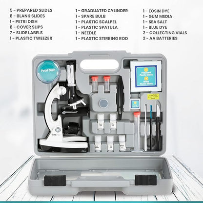 AMSCOPE-Kids 120X-1200X White Metal Arm Starter Kids Student Microscope Kit and Compact Refractor Telescope with Tripod - M30-ABS-KT2-W-TKVB1