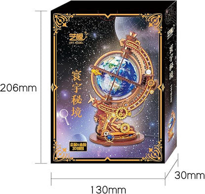 MU Model 3D Wooden Puzzles Rotating World Globes USB Charging Illuminated Craft Work 3D Metal Puzzles for Adult, Models Kits Music Boxes Miniature Building, DIY Set
