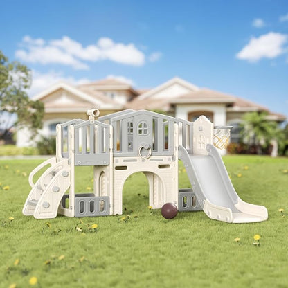 KORIMEFA Toddler Slide Set, 8 in 1 Kids Slide, Indoor Outdoor Slide for Toddlers Age 1-3, Toddler Playset with Basketball Hoop and Tunnel, Toddler Indoor Outdoor Playground