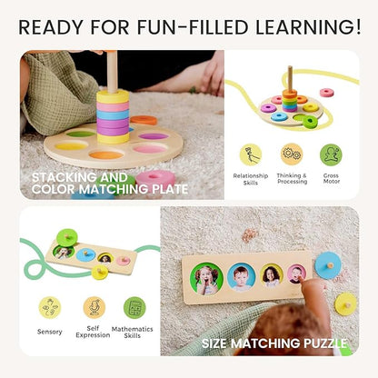 Tiny Land Montessori Toy Set for Baby 13-15 Months Explorer Play Kit - 7-in-1 Baby Drum, Carrot Harvesting and Coin Boxes, Stacking and Color Matching Plate, Size Matching Puzzle, Color Board Book