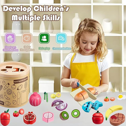 Play Kitchen Accessories, Wooden Play Food, Pretend Kitchen Cutting Fruit Vegetables Toys for Toddlers 3+ Years with Basket, Educational Toddler Toys for Fine Motor Skills, Gift for Boys Girls