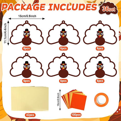 Qyeahkj 36 Set Thanksgiving Turkey Suncatchers Craft Crafts for Kids DIY Fall Window Tissue Paper Craft Kit Autumn Hanging Decor for Harvest School Home Activity Art Project Birthday Party Favor Gift