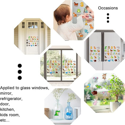 Whaline 2 Sheets Animal Alphabet Thick Gel Clings Cute Cartoon 26 A-Z Letters Animal Reusable Window Decals for Educational Spelling Learning Home Classroom Nursery Decor