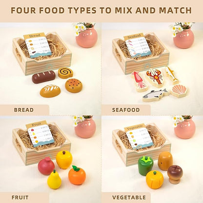 Wooden Play Food Sets for Kids Kitchen,Grocery Store Play Food Set,Play Toy Foods for Toddlers with Mesh Grocery Bag&4 Boxes,Pretend Play Fake Food Accessories Birthday Gifts for Girls Boys