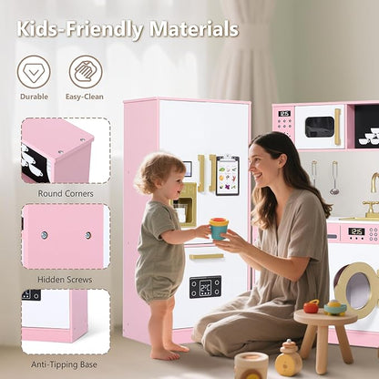 Kinder King Wooden Kids Play Kitchen, Toy Kitchen Playset for Toddler, Play Kitchen Set w/Transparent Coloring Board, Pretend Fridge, Washing Machine, Ice Maker, Gift for Boys Girls Age 3+, Pink